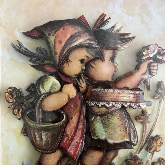 VTG 3D Decoupage Hummel Style Framed Art Two Children Artist Signed Cottagecore - Picture 5 of 14